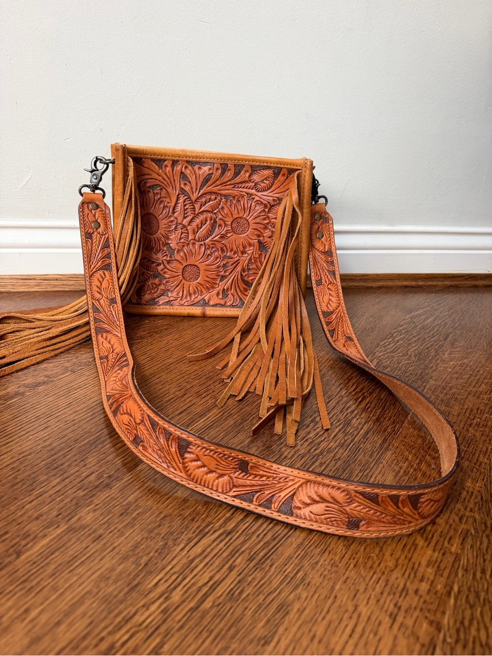 American Darling Tooled Leather Fringe Crossbody in Cognac Brown